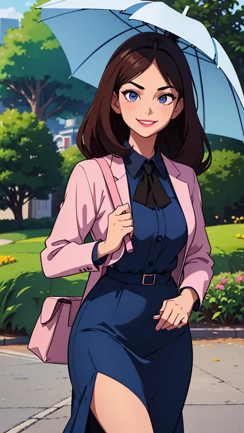 Woman. dark hair. long hair, eyes browns, wearing a blue formal dress, walking in a park. smirk on face, carrying a medium-sized bag with magazines, libero, light pink lipstick, happy looking, holding an umbrella in his left hand, holding a bible in his ri...