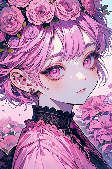 (Mastepiece), (Best Quality), Very detailed, Solo Shooting, Perfect Face, Beautiful Face, Very detailed顔，Pink short hair:1.3)，(Big eyes:1.4)，(Long eyelashes:1.4)、(Pink Eyes:1.3)、Lots of flowers