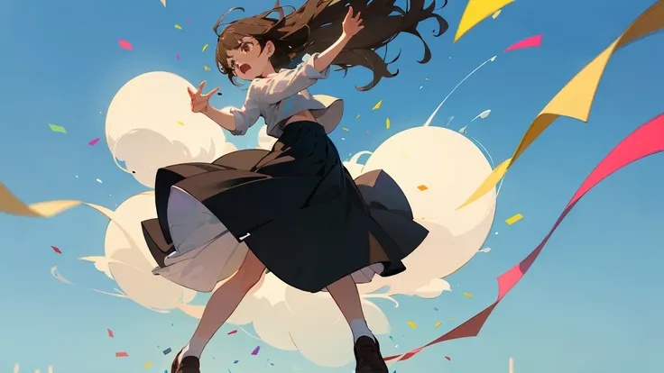 ((Highest quality)), ((masterpiece)), ((Very detailed)),Floatingする女の子,Angry expression，floating，Floating，Confetti，Brown Hair,tears,Levitating,Blue sky background,Feet in the air,tears,gravity,Long skirt,loafers,Raise both hands