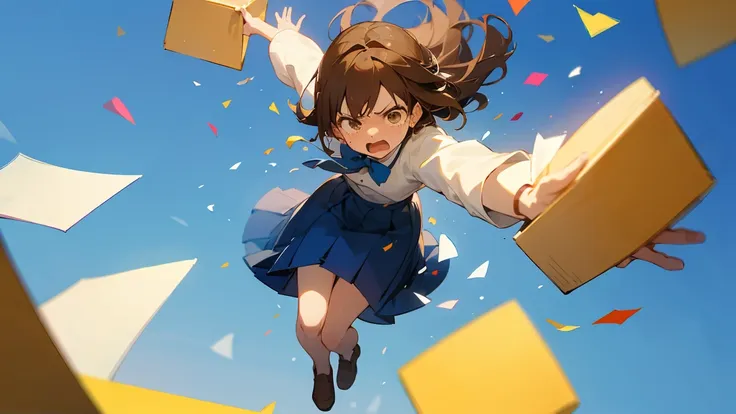 ((Highest quality)), ((masterpiece)), ((Very detailed)),Floatingする女の子,Angry expression，floating，Floating，Confetti，Brown Hair,tears,Levitating,Blue sky background,Feet in the air,tears,gravity,Long skirt,loafers,Raise both hands