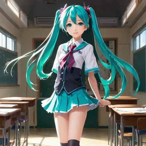 BREAK Perfect Anatomy、Highest quality、(High resolution:1.2)、Unbelievably absurd:1.3、Incredible illustrations、(Cute illustrations:1.2)、nsfw,（Beautiful background、night、classroom）、1gial(Hatsune Miku、(((9 years old female,short stature 1.2meters, slim 25kg)))...