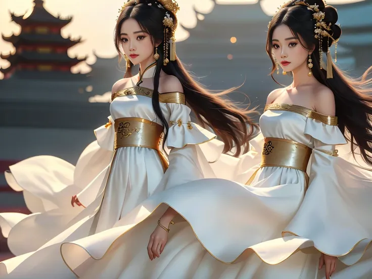 Girl in traditional Chinese clothing, Hanfu, Guzhen Hanfu women, White Hanfu,(long straight black hair:1.5), black eyes, black bun hairstyle, hair accessories ,white diamond earrings, Bangle Diameter, Dia Necklace, Clear eyes, Facing forward,put on makeup,...