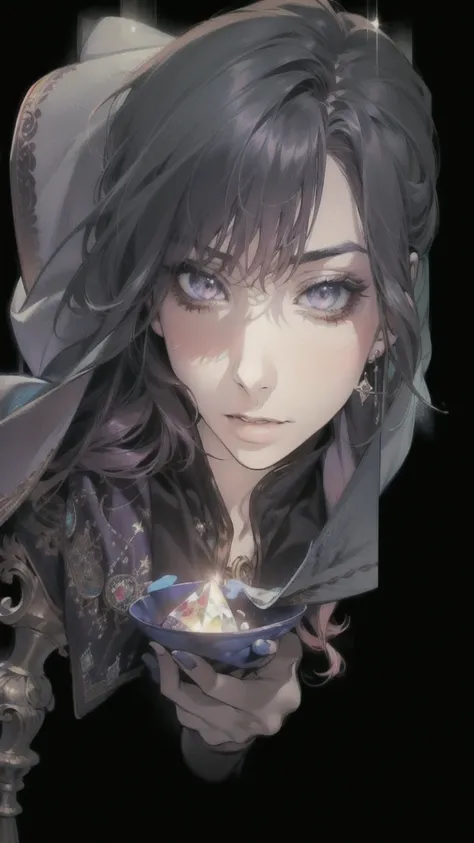 (masterpiece, top quality, best quality, official art, beautiful and aesthetic:1.2), (1girl:1.3), wavy long hair, light purple hair, extremely detailed, portrait, looking at viewer, solo, (full body:0.6), detailed background, close up, glowing eyes, (cold ...