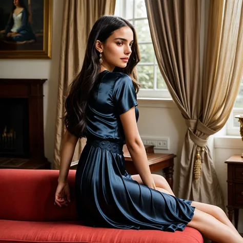 A photorealistic portrait of a 21-year-old Colombian girl with long, flowing black hair and striking dark eyes like Nathalie Portman. She must have a natural and accessible expression and be lit by soft sunlight. She is dressed in a blue silk outfit in a r...