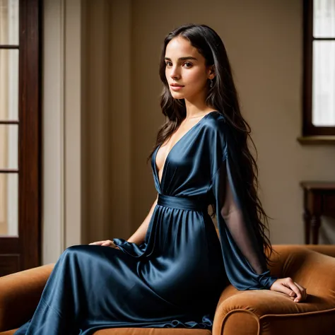 A photorealistic portrait of a 21-year-old Colombian girl with long, flowing black hair and striking dark eyes like Nathalie Portman. She must have a natural and accessible expression and be lit by soft sunlight. She is dressed in a blue silk outfit in a r...