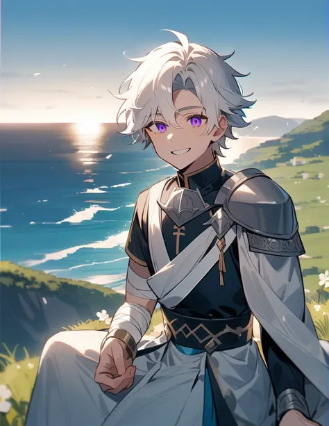  Greek boy with long white hair, with violet eyes, with one arm covered in bandages, with silver shoulder pads and giving a relieved smile while sitting on a hill facing the ocean