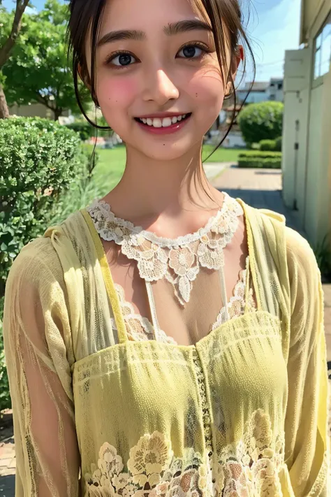 (((upper body shot))),Ultra-high resolution,big eyes,((brown eyes)),Japanese,(forehead),(a girl),(1 girl),((17 years old)),(cute),pretty,((facing at viewer)),arms behind back,grin,(((lace clothes)))