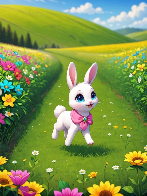 a cute little bunny with white whiskers and bright eyes,little bunny jumping in a green field with colorful flowers in the backg...