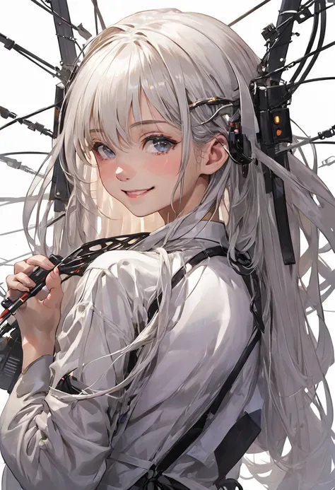 masterpiece, best quality, 1girl, white hair, smiling, looking at viewer, adult, fully mature, surronding by cable and wire , broken parts ,