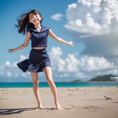 1girl,(((Okinawa ocean)))、(((White sand beaches in Okinawa)))、(((Just join your hands and pray)))、(((Mysterious look)))、8k UHD、Digital single-lens reflex camera、High resolution、Shallow depth of field、Natural light、(((Sailor suit)))、へそ出しルック、(((navy blue sup...