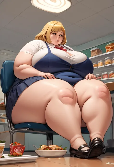 score_9, score_8_superior, score_7_superior, score_6_superior, sauce_anime, Low - Angle, From below, One girl, 1人のmaleの子, duo, big_female, small_male, size_difference, Sitting, Looking down, Look forward, obesity, ssbbw, break, She eats a lot of food, Blon...