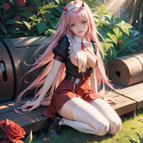 Zero Two, long hair, pink hair, two red horns, long flowing hair, floating hair, ornament hair, perfectly body, perfectly hands, dark pink roses, maid, maid style, maid headdress, maid apron, white apron, on garden, a lake with carpas on background, petals...