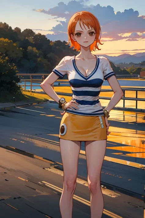 masterpiece, best quality, highres, nami (one piece), short hair, orange hair, brown eyes, cleavage, striped shirt, white shirt, short sleeves, bracelet, miniskirt, yellow skirt, sunset, standing