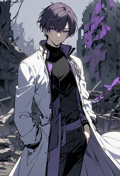 Handsome, solo, male, short hair, hair covers left eye, dark lavender hair, purple eyes, ruins, black shirt, black pant, black and white coat