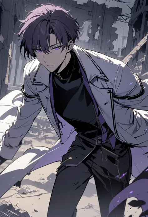 handsome, solo, male, short hair, hair covers left eye, dark lavender hair, purple eyes, ruins, black shirt, black pant, black a...