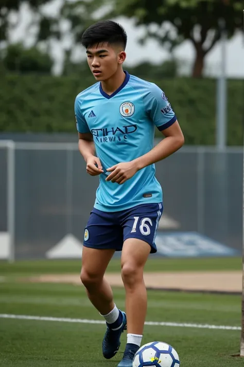 An 18-year-old half-Thai-English man wearing a Manchester City shirt.