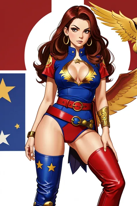 a red top with a golden eagle emblem, a white belt, blue star-spangled subligaculum, and red and golden go-go boots