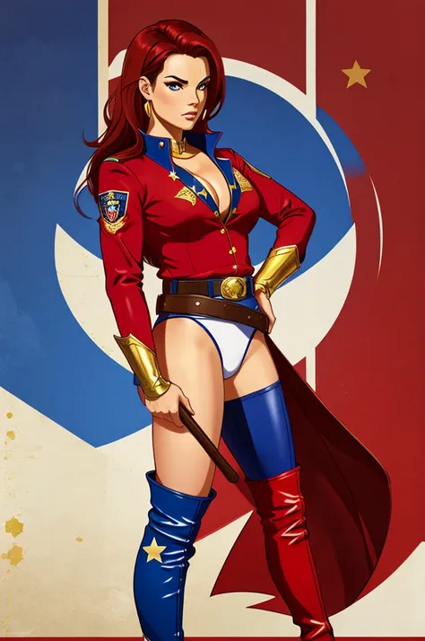 a red top with a golden eagle emblem, a white belt, blue star-spangled subligaculum, and red and golden go-go boots