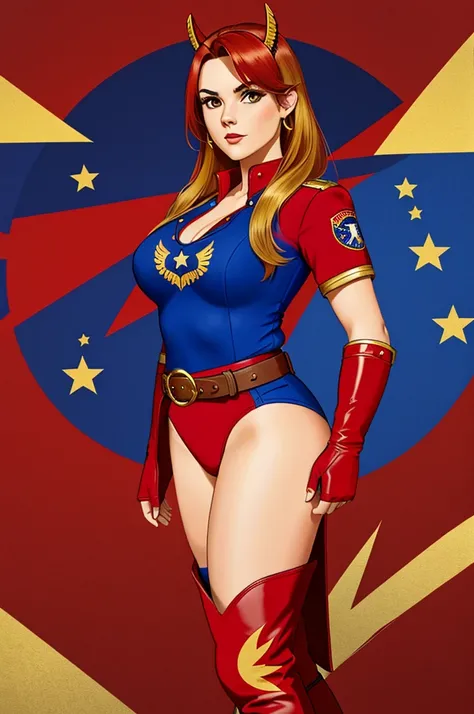 a red top with a golden eagle emblem, a white belt, blue star-spangled subligaculum, and red and golden go-go boots