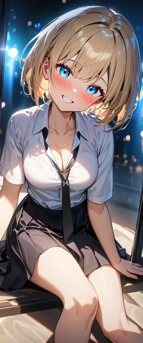 (((One girl))), blond hair, bob cut, (cowboy shot), (looking at viewer), breasts, teenager, head tilt:1.3, (((blue eye))), ((happy smile)), ((full face blush)), school summer uniform, white shirts, black tie, black skirt, cleavage, anime style, (best quali...