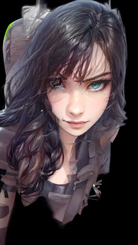 (portrait:1.2),1girl,(30 years old woman),samira (league of legends),braid,long hair,black hair,tattoos,arm tattoo,black leather croptop,(brown skin:1.2),mouth mole,mole in mouth,(eye patch:1.3),green eye,jewelry,smug, smirk,arrogant expression,agressive e...