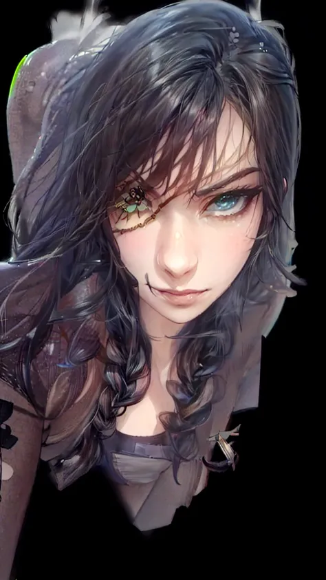 (portrait:1.2),1girl,(30 years old woman),samira (league of legends),braid,long hair,black hair,tattoos,arm tattoo,black leather croptop,(brown skin:1.2),mouth mole,mole in mouth,(eye patch:1.3),green eye,jewelry,smug, smirk,arrogant expression,agressive e...