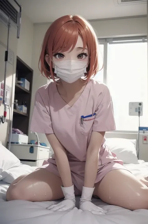 Beautiful young woman, Anime Style, Detailed face, Redhead, Wet Hair, Big eyes, pinkの目, Delicate features,One Girl, alone, nurse, pink, White gloves, Very short hair, Orange Hair, ((White surgical mask, Covered Nose)),Lying in bed, ((Hospital room)), Sharp...