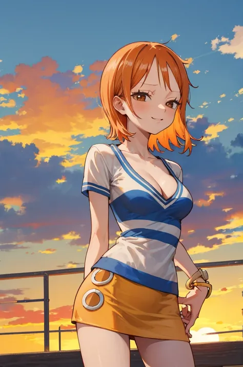 masterpiece, best quality, highres, nami (one piece), short hair, orange hair, brown eyes, cleavage, striped shirt, white shirt, short sleeves, bracelet, miniskirt, yellow skirt, sunset, standing