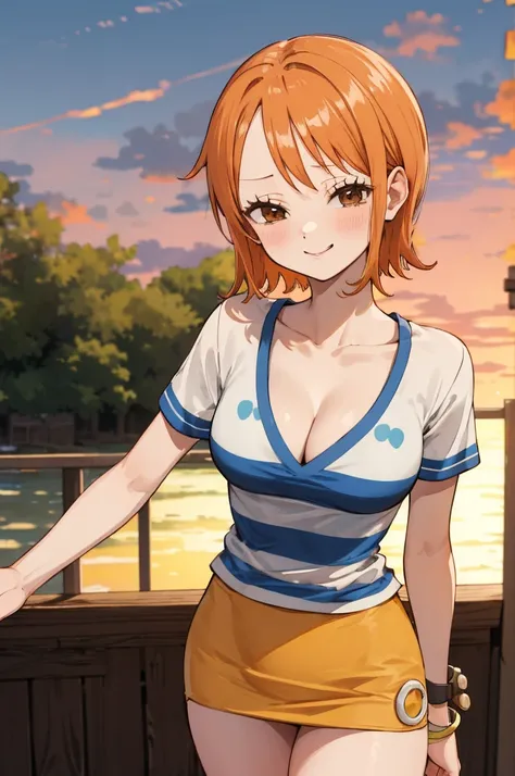 masterpiece, best quality, highres, nami (one piece), short hair, orange hair, brown eyes, cleavage, striped shirt, white shirt, short sleeves, bracelet, miniskirt, yellow skirt, sunset, standing