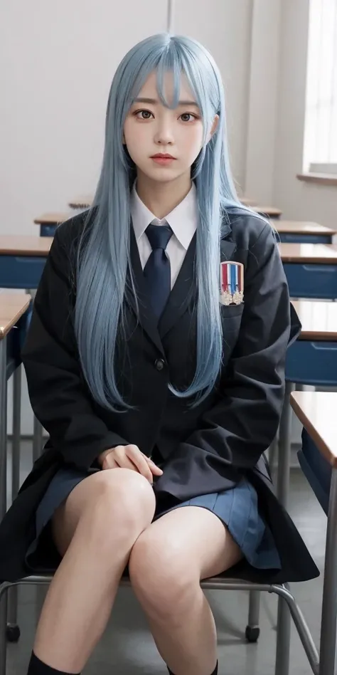 1girl, long light blue hair, dark blue, sit in class, black school modern uniform, anime