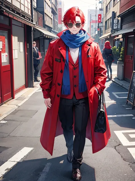 young man, with red hair,little chubby,with sunglasses, wearing a red overcoat, and a blue scarf, walking the streets of Tokyo