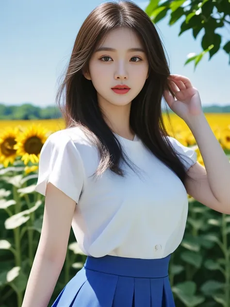 Asian Arafed woman wearing a white shirt and blue skirt standing in a sunflower field, gorgeous young korean woman, beautiful south korean woman, beautiful young korean woman, Japanese model, beautiful asian girl, Hot with bright sunlight, Korean girl, Gor...