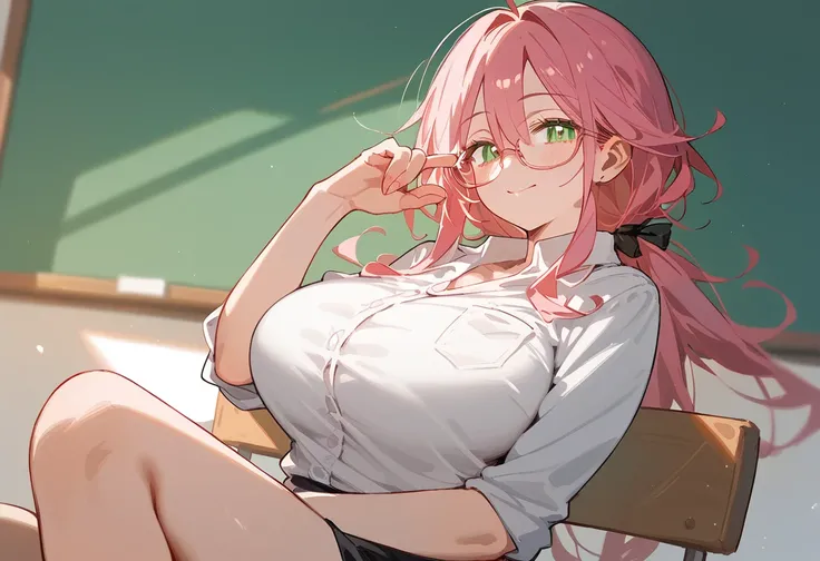 One Woman、private teacher、Big Breasts、Pink Hair、Straight Long Hair、Ahoge、Kind older sister、Pink small glasses、Green Eyes、smile、Small eyes、Droopy eyes、Mature