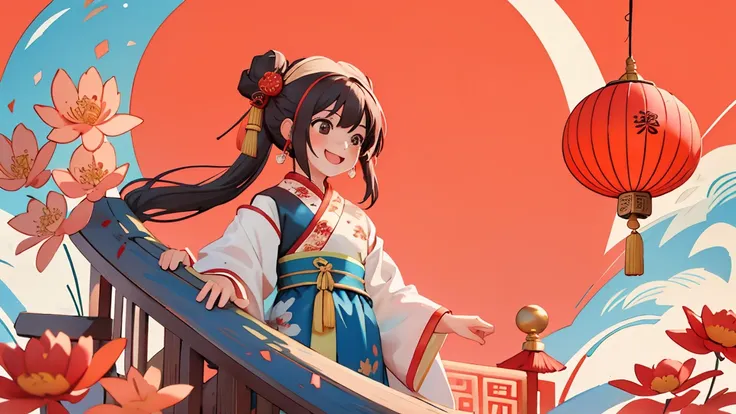 （masterpiece，quality，Best quality，Official Art，Beauty and aesthetics：1.2），（1 cute girl：1.3），Solitary，Brown ponytails,Hair accessories, (Chinese fabric:1.2), Hanfu，Smile，Happy，Happy，CNY,Welcoming the Winter Solstice，Very detailed content，（Fractal Art：1.1），（...