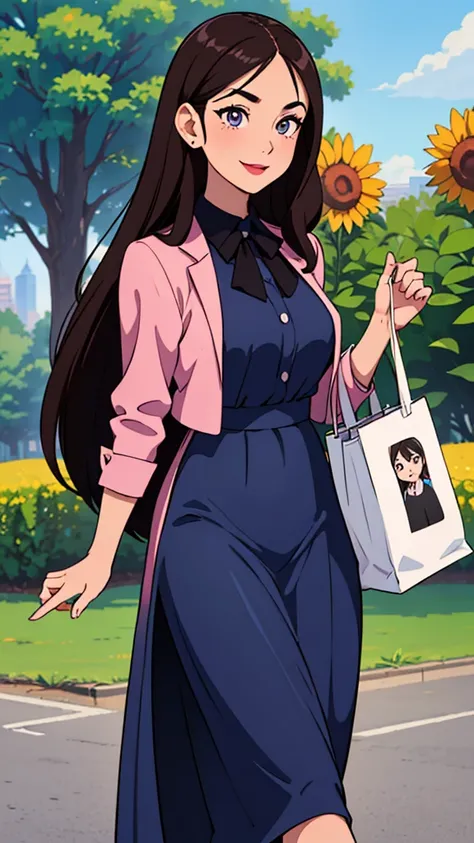 Woman. dark hair. long hair, eyes browns, wearing a blue formal dress, walking in a park, carrying a medium-sized bag with magazines, libero, light pink lipstick, happy looking, holding a bible in his right hand,  (Friendly expression on the face), (well-d...