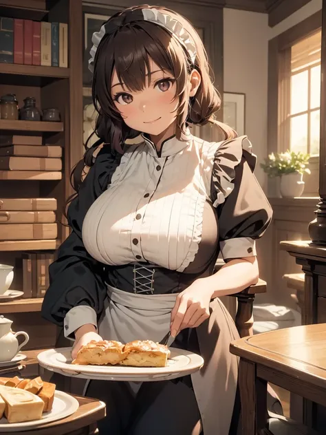 (​masterpiece、top-quality、hight resolution), A scene depicting a protagonist being attended by a gentle, experienced maid. The maid has a natural, warm smile that reflects her extensive experience and comforting presence. She is wearing a traditional maid ...