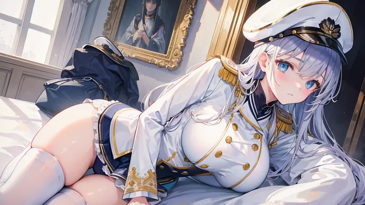 ((best quality)), ((masterpiece)), (detailed), Mommy, captain hat, White Naval uniform, White jacket in shoulder, White stocking, big breast
