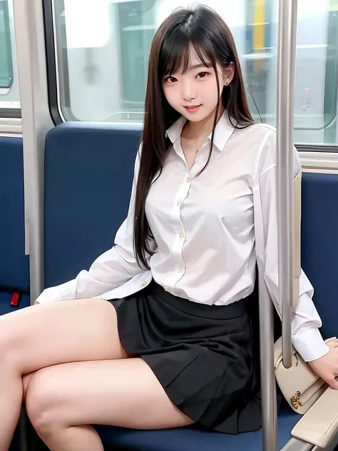 Asian girl, 19 years old, beautiful, well-groomed, sitting on the train seat, wearing a mid-length skirt, legs open without panties, showing her pussy, ultra hd, best quality, super realistic.