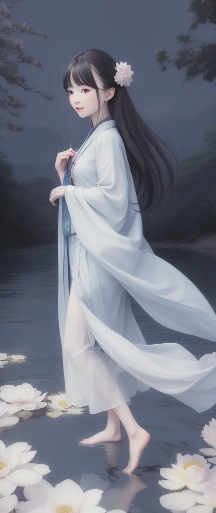 ((4k,masterpiece,best quality)), shuimobysim, traditional chinese ink painting, lotus,  hanfu, maxiskit, dress conservatively
1girl, solo, long blue hair, smile, standing, feet in the water, barefoot,
 、Dragon flying in the sky