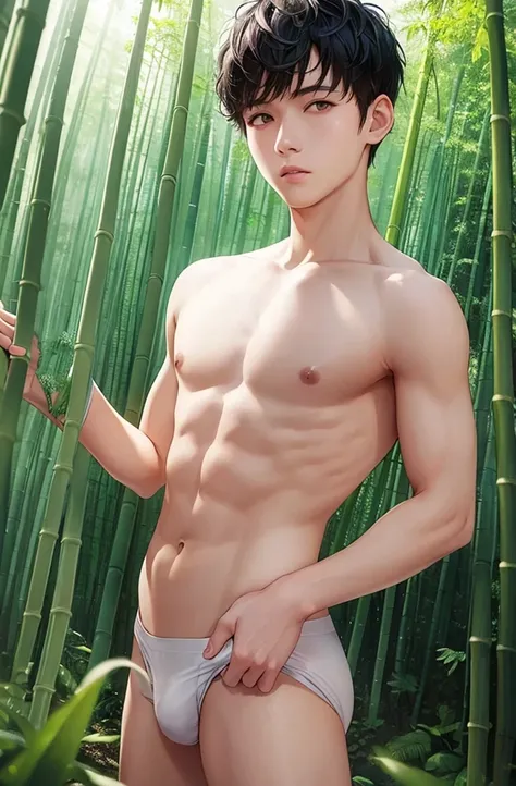 15-year-old boy, Upper body naked, White briefs ,Smooth Skin,bamboo forest,  Black Hair,  Eye-level shot, Thin、Beautiful Boy