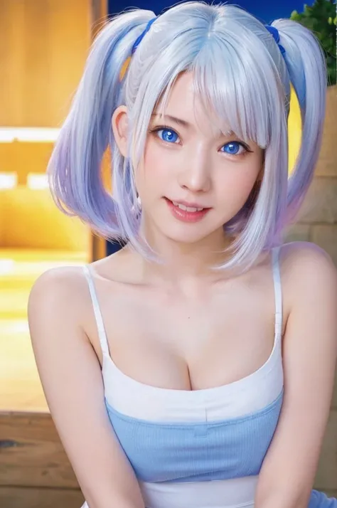 (masterpiece), (best quality), Ultra-high resolution, Raw photo, A photo-realistic, super cute woman, 1girl, (perfect face:1.2), (beautiful face:1.2), (white hair:1.2), twin tails, (from under, portrait:1.3), happy, light smile, looking at viewer, pose, T-...