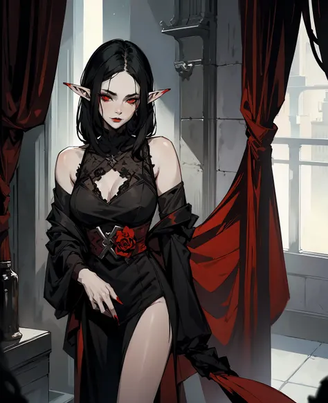 a devilish woman with black hair, pale skin, and red eyes, wearing an elf-like costume, in a dark and mysterious setting,