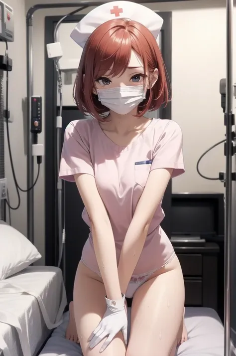 Beautiful young woman, Anime Style, Detailed face, Redhead, Wet Hair, Big eyes, pinkの目, Delicate features,One Girl, alone, nurse, pink, White gloves, Very short hair, Orange Hair, ((White surgical mask, Covered Nose)),Lying in bed, ((Hospital room)), Sharp...