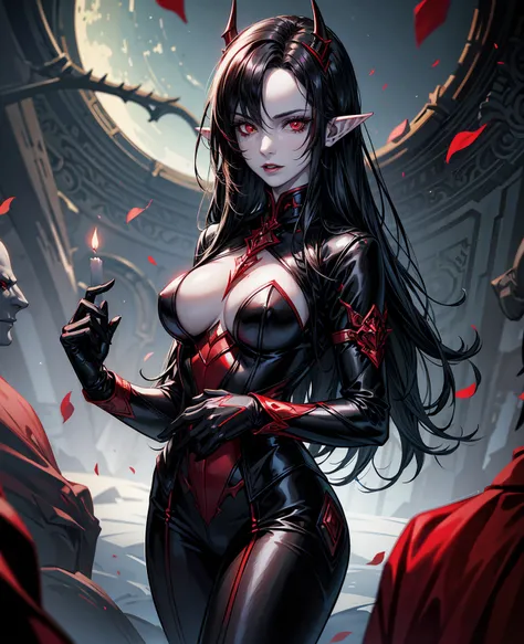 a devilish woman with black hair, pale skin, and red eyes, wearing an elf-like costume, in a dark and mysterious setting,