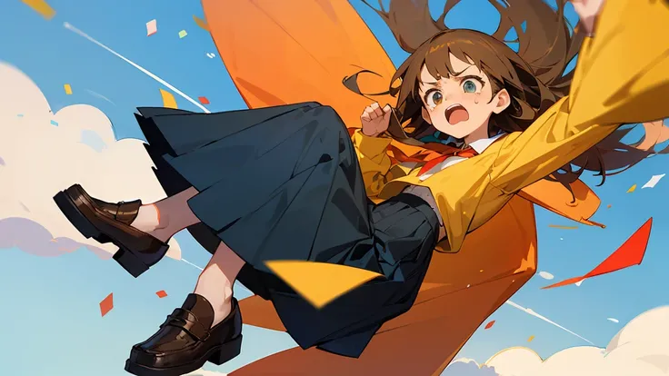 ((Highest quality)), ((masterpiece)), ((Very detailed)),Floatingする女の子,Angry expression，floating，Floating，Confetti，Brown Hair,tears,Levitating,Blue sky background,Feet in the air,tears,gravity,Long skirt,loafers,Raise both hands