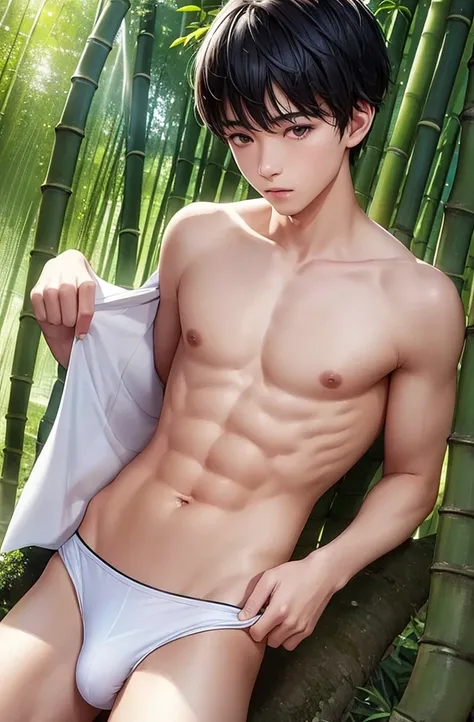 15-year-old boy, Upper body naked, White briefs ,Smooth Skin,bamboo forest,  Black Hair,  Eye-level shot, Thin、Beautiful Boy