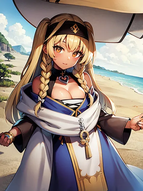 1girl, bandages, bandana, bare_shoulders, beach, blonde_hair, bracelet, braid, breasts, choker, cleavage, cloud, collarbone, dark-skinned_female, dark_skin, doubt_(thedo_ubt), highres, jewelry, khanae_(tomarius), lips, long_hair, looking_at_another, ocean,...