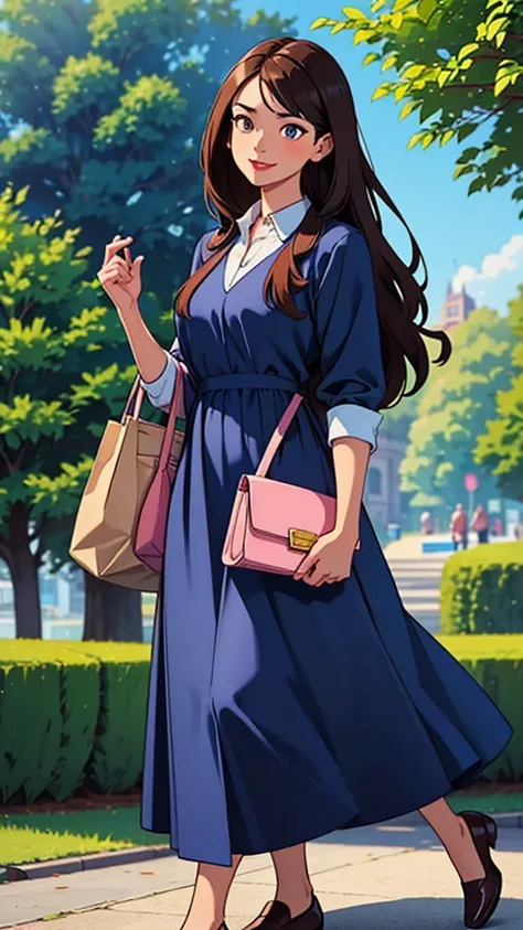 Woman. dark hair. long hair, eyes browns, wearing a blue formal dress, walking in a park, carrying a medium-sized bag with magazines, libero, light pink lipstick, expression of happiness, holding a bible in his right hand,  (Friendly expression on the face...