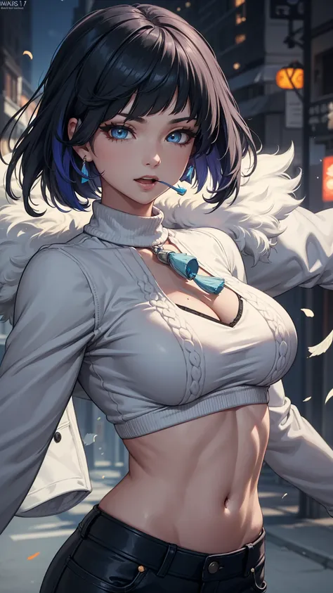 crop top, (gradient hair), black hair, blue hair, short hair, blue eyes, yelendef
break (comfortable white sweater:1.2),
break t...