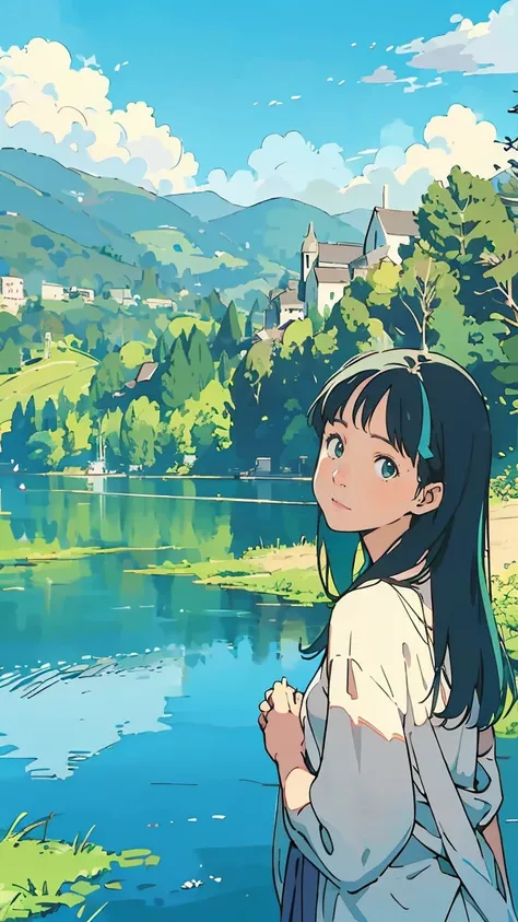 Beautiful blue sky like Ghibli　White cloud　nostalgic　Anime High Quality、Detailed Description、One Girl、Green Hair、Long Hair、White hood、blue eyes、white customs、Holding the Cross、prayer、Christian、Lake in the background、Lake Suwa in the background